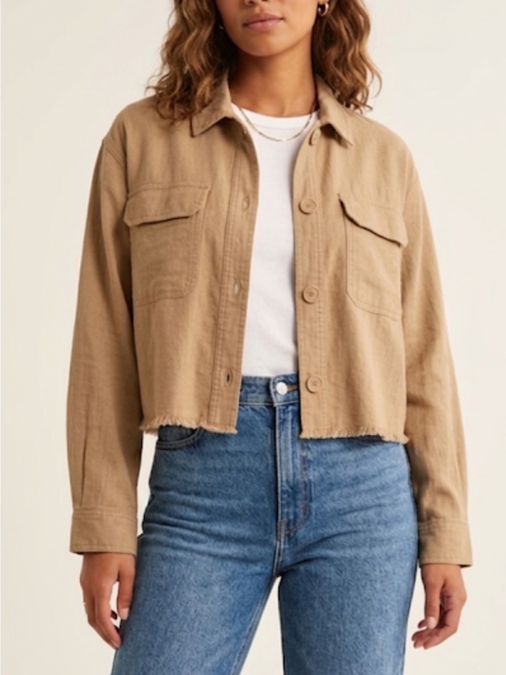 Cropped Button-Down linen blend light shacket in Tan NWT